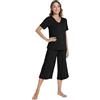 WiWi Pigiama da donna in viscosa di bambù, a maniche corte, 2 pezzi, top e pantaloni capri, taglie S-XXL, D-Nero, S