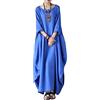 ORANDESIGNE Abiti Lungo Donna Manica 3/4 in Cotone e Lino Maxi Vestiti Girocollo Tinta Unita Casual Abito Caftano Boho Allentato Abito Spiaggia Bikini Cover Up Taglie Forti A Blu XXL