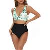 wadizo Bikini da donna, set a vita alta, arricciatura, per la pancia, costume da bagno in due pezzi, scollo a V, push up, comfort, spalline larghe
