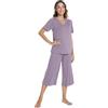 WiWi Pigiama da donna in viscosa di bambù, a maniche corte, 2 pezzi, top e pantaloni capri, taglie S-XXL, D-viola, XL