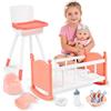 deAO Bambola con Accessori, Lettino e Seggiolone, Rosa | 30 cm Set di Giocattoli per Bambole con Giunture Mobili per Giochi di Ruolo e Regalo Bambini 3+
