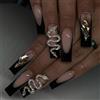 Angwis 24pcs Lungo bara Unghie Finte Punta Francese Stick on Nails Bordo Nero Serpente Strass Premere sulle Unghie Rimovibili Glue-on Nails Acrilico Copertura Completa Ballerina Unghie Finte Set Donne Nail