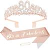 KIUEZIR Set di 80° corona di compleanno e fascia in oro rosa - lega durevole e strass fiori diadema con pettini antiscivolo, fascia glitterata e spilla per decorazioni 80° compleanno