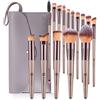HEYMKGO - Set di 15 pennelli da trucco professionali, color oro/champagne, per fondotinta, blending, cipria, fard, correttori, trucco occhi, con custodia in pelle PU