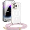 DiDaDi Custodia magnetica Cover per iPhone 16 Pro con cordino [compatibile con MagSafe] 2 pellicole protettive, 1 protezione per fotocamera in vetro, Collana con cordino regolabile (oro rosa)