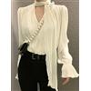 ZOYLEIR Camicetta a maniche lunghe elegante pieghettata con cravatte donna Luxury Ruffle scollo a V Basic Top Casual Oversize Lady Office Wear coreano Chic