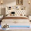NONE Letto matrimoniale in beige, comodino con lettura elettronica, contenitore sotto il letto, illuminazione a LED e porta USB, per ragazzi e adulti (senza materasso)