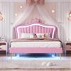 Witimisy Lettino imbottito per bambini, struttura letto matrimoniale a corona in pelle PU con luci a LED, rete a doghe e schienale, materasso non incluso, 203 x 152 x 122 cm (rosa)