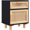 vidaXL Comodino Nero in Legno Massello di Pino e Rattan Naturale