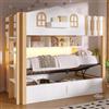 Ktipm Letto a Castello 90x200 cm con LED e Stoccaggio Idraulico | Letto Per Bambini a Castello con Scala e Scomparti Aperti, Protezione Anticaduta, Senza Materasso, Bianco+Colore Rovere