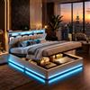 CXHLXYR Letto Matrimoniale con Contenitore 160x200 cm, Letto Imbottito con illuminazione a LED e USB, letto matrimoniale imbottito,Letto Baule Testiera con Funzione di Stoccaggio, Velluto Beige
