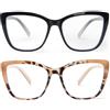 KoKoBin 2 Pack Oversize Occhiali da lettura da donna Moda Anti luce blu Occhiali per computer (2 Pack（Nero, caffè leopardo）, 3.5, Diottria)
