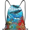 Pidgazdfgv Dolphins Sea Turtle Shark Octopus Coral Reef Zaino con coulisse Sport Palestra Sackpack Tasche in rete Borsa a corda resistente all'acqua Donne Uomini, Nero , M, Classico