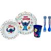 CARTOON Set stoviglie in plastica riutilizzabile Stitch Disney 5 pezzi piatti bicchiere posate per bambini set pranzo