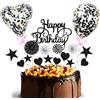 VYZUTR Set Oro Nero Happy Birthday Cake Topper, 17 Pezzi Decorazioni Torta Compleanno, Cuore Coriandoli Palloncino, Stelle Topper Torta, Forniture per Festa di Compleanno per Uomini e Donne