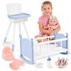 deAO Bambola con Accessori, Lettino e Seggiolone, Blu | 30 cm Set di Giocattoli per Bambole con Giunture Mobili per Giochi di Ruolo e Regalo Bambini 3+