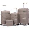 PROVITERA Set 4 Valigie Rigide con Beauty Case in Polipropilene Ultra Resistente agli Urti, Trolley Manico Telescopico e Ruote Easy Roll, Serratura Codice Rinforzata e Design Moderno (Tortora Metal)