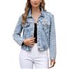 Foweknow Giacca di jeans da donna con strass, vintage, a maniche lunghe, con tasche, tinta unita, leggera, estetica, in denim, alla moda, streetwear, elasticizzata, per il tempo libero