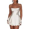 LYSINK Donne Sexy A-line Tinta Unita Backless Raso Abito Corto Estate Collo ad anello Senza Maniche Spaghetti Strape A Balze Mini Abito Tute, Champagne Ba, M