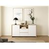 Dmora - Credenza Audrey, Buffet da soggiorno, Madia da salotto, Dispensa da cucina, 149x48 h84 cm, Rovere e Bianco lucido