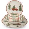 H&H Servizio Piatti Natalizio 12 Pezzi Adventure in Stoneware Decorato - Motivo Pini Innevati e Furgoncino Rosso - 4 Piani, 4 Fondi, 4 Frutta - Lavabile in Lavastoviglie e Adatto al Microonde