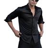 IndoPrimo Camicia da uomo casual a maniche lunghe in raso tinta unita con bottoni, nero, 42