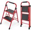 KINGRACK Scala a 2 gradini, scala pieghevole con pedale antiscivolo e largo, scala piccola con maniglia, in acciaio robusta, leggera e portatile, rossa