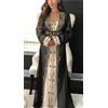 Fatto a mano Abito vestito lungo caftano marocchino bianco e nero Dubai elegante Abaya...