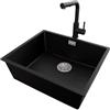 PRIMAGRAN Lavandino sottotop al Mobile 60cm + Rubinetto, 56x47cm | Set: Rubinetto BW3010 + Kit di scarico + Lavello in Granito a 1 Vasca - London, Nero