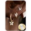 HANLI Set di 3 paia di orecchini a cerchio in argento 925 da donna, placcati in oro 14 carati, con zirconia cubica, ipoallergenici, minimalisti, Medio, Metallo, Zirconia cubica
