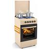 BAKAJI Cucina da Esterno Alimentazione a Gas con Forno e 4 Fuochi, Cucinino con Bruciatori e Griglie Rimovibili in Ghisa con Mobile e Accensione Ergonomica, Ideale per Esterni ed Interni (Beige)