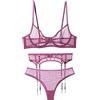 Awake Lingerie Eva Lingerie Set 2/3 Pezzi Sexy Reggiseno Mutandine Reggicalze Comodo Intimo Donna Biancheria Intima negligé (Viola 3PCS, M)