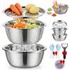 Qosneoun Set di ciotole 3 in 1 in acciaio inox con colino e coperchio grattugia, multifunzione per verdure, centrifuga per insalata e ciotola per la preparazione dei pasti in cucina, design