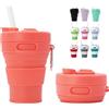 MORAINJAY 450ml Tazza Pieghevole Silicone,Arancione Tazza da caffè Portatile con Coperchio e Cannuccia,Bicchiere Campeggio Viaggio,Sigillato,Riutilizzabile,Lavastoviglie(Pieghevole Fino a 6cm)