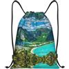 Pidgazdfgv Green Tropical Island Zaino con coulisse Sport Palestra Sackpack Tasche in rete Resistente all'acqua Borsa a corda Donna Uomo, Nero , M, Classico