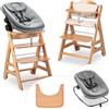 hauck Seggiolone Evolutivo Legno Beta + Newborn Set Highchair Bouncer 3in1 - Dalla Nascita Con Sdraietta Neonati Dondolo, Cuscino e Vassoio - Naturale