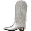 Generisch Stivali alti da donna glitterati, stivali western da donna con frange, colore bianco lucido, stivali in pelle, stivali da cavaliere con frange, stivali in pizzo, stivali corti, argento, 37.5 EU