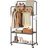 HOOBRO Stand Appendiabiti con Doppie Barra, Attaccapanni con Ruote e Ripiano, Appendiabiti da terra, Stile Industriale, per Camera da Letto Soggiorno Corridoio, Marrone Vintage e Nero EBF22LY01