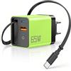 Truhuova GaN 65W Caricatore USB C 3 in 1 con cavo, cavo di ricarica retrattile da 65 cm, USB-C 25 W + porta USB-A da 22,5 W, caricatore con cavo estensibile per iPhone, Galaxy, iPad, laptop, MacBook, verde