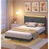 Blishom Struttura Letto 140 x 200CM,Letto imbottito con luce LED (2 Porte USB),Letto Matrimoniale con Effetto Visivo Levitante con Testiera Imbottita e Struttura in Metallo,Grigio scuro