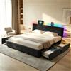 XMETPR Letto 140x200cm con Testata Regolabile, Velluto, Nero | Strip LED, 4 cassetti portaoggetti, stazione di ricarica con 2 USB e 1 Type-C, letto imbottito, senza materasso