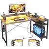 iSunirm Scrivania da Gaming a Forma di L con Luce LED e Prese, Scrivania per Computer con Ripiani, Scrivania ad Angolo Reversibile con Supporto per Monitor per Studio, 120x70cm，rovere grigio
