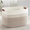 MYHOMMATTO Grande cesto per biancheria intrecciato in corda di cotone, 100L, con manici in cuoio, per coperte, vestiti, giocattoli, per lavanderia, camera bambini o soggiorno, 60x40x40 cm, bianco e marrone