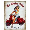 KUSTOM ART Quadro Stile Vintage Serie Pin-up Souvenir Italia Moto Scooter La Dolce Vita Stampa su Legno 25x18 cm.