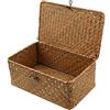 Esoes Cesto portaoggetti in vimini intrecciato, in seagrass, con coperchio, portabiancheria, per il trucco, per bagno, soggiorno, cucina, Marrone, small