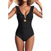 Hanna Nikole Costume da bagno monokini da donna, scollo a V, volant, fibbia in metallo, taglio sartoriale per una silhouette snellente, cut-out, Nero , S