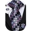 Hi-Tie Cravatta da uomo Hi-Tie Cravatta in seta intrecciata con fazzoletto quadrato tascabile e gemelli per matrimoni e feste di affari, Plaid nero e rosa., M