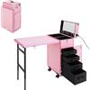 HUOMMGS Valigetta cosmetica professionale Trolley 2 in 1 con tavolo fino a 50 kg, tavolo per unghie portatile con 4 cassetti e rotelle, custodia per parrucchiere multifunzione per stazioni di trucco