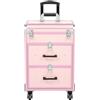 Tenddya - Valigetta professionale per trucco con cassetti e lucchetto, grande con ruote, girevole a 360°, per unghie, valigetta per parrucchiere, 36x23x58cm (Rosa)