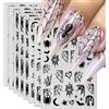 Evadollina Adesivi per unghie di Halloween, 8 fogli, ragno e teschio, nail art, unghie e album di ritagli, adesivi in gel nero, stile gotico, taglia XL